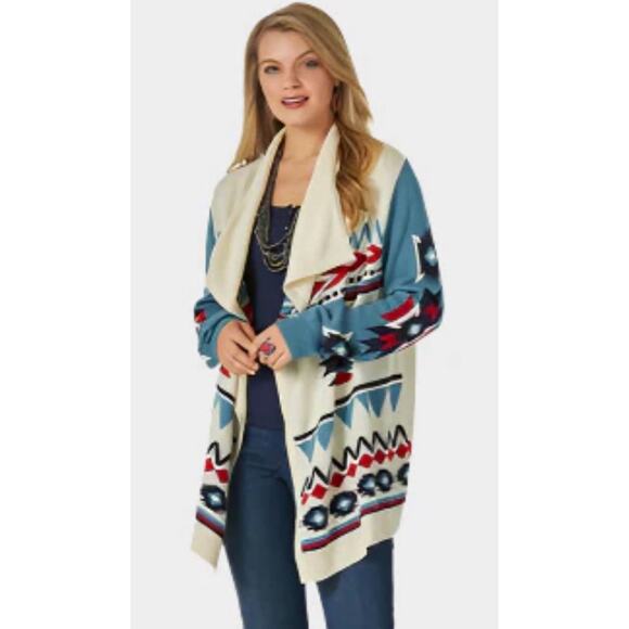 Wrangler Retro Americana Draped Cardigan Open Front Sweater Size Large Cowboy - Picture 1 of 7